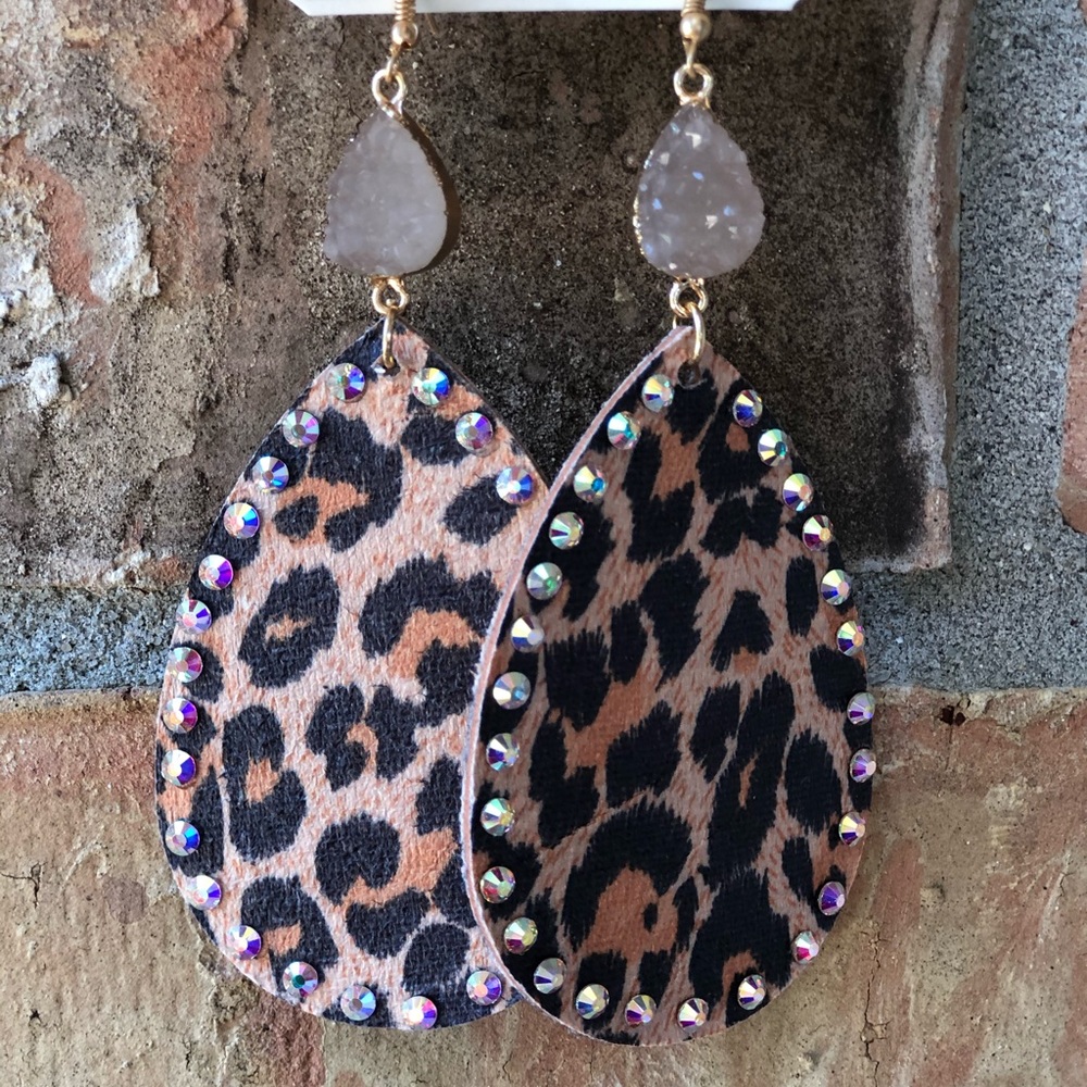Druzy leopard dangle earrings